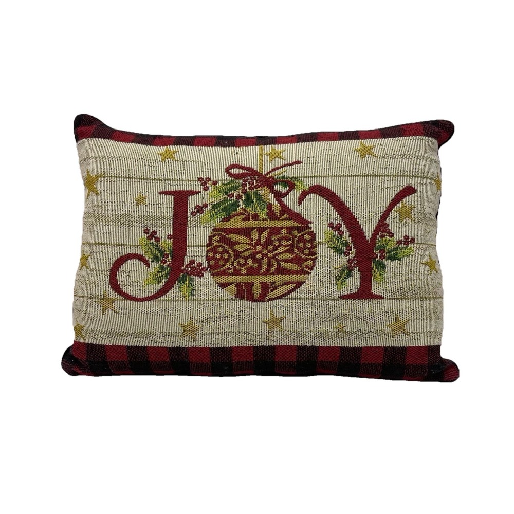 Boutique Christmas Joy Tapestry Throw Pillow 15x11β Rustic Buffalo Check